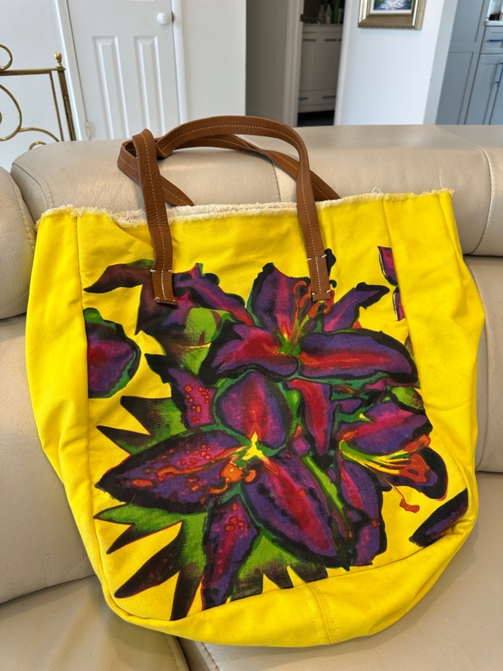 Bright Yellow Floral Canvas Tote with Brown Handles